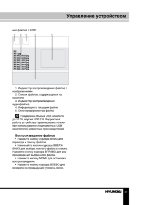 Page 212021
Управление устройствомУправление устройством
ния файлов с USB:
123 4 5
1. Индикатор воспроизведения файлов с 
изображениями 2. Список файлов, содержащихся на 
носителе 3. Индикатор воспроизведения 
аудиофайлов 4. Информация о текущем файле
5. Окно предпросмотра файла
  Поддержка объема USB-носителя: 
до 16 Гб, версия USB 2.0. Корректная 
работа устройства гарантирована только 
при использовании лицензионных USB-
накопителей известных производителей.
Воспроизведение файлов•  Нажмите кнопку курсора...