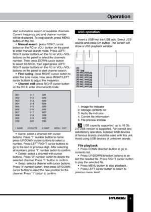 Page 989
OperationOperation
start automatical search of available channels. 
Current frequency and and channel number 
will be displayed. To stop search, press MENU 
button on the RC.
•  Manual search: press RIGHT cursor 
button on the RC or VOL+ button on the panel 
to enter manual search mode. Press LEFT/
RIGHT cursor buttons on the RC or VOL+/VOL- 
buttons on the panel to select the channels 
number. Then press DOWN cursor button 
to select SEARCH, then again press LEFT/
RIGHT cursor buttons on the RC or...