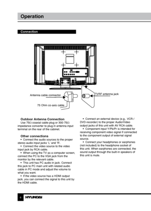 Page 66
Operation
Outdoor Antenna ConnectionUse 75Ω coaxial cable plug or 300-75Ω 
impedance converter to plug in antenna input 
terminal on the rear of the cabinet.
Other connections•  Connect the audio sources to the proper 
stereo audio input jacks ‘L’ and ‘R’. •  Connect the video source to the video 
input jack by RCA cable. •  When using the TV as a computer screen, 
connect the PC to the VGA jack from the 
monitor by the relevant cable. •  This unit has PC audio in jack. Connect 
this jack to PC main...
