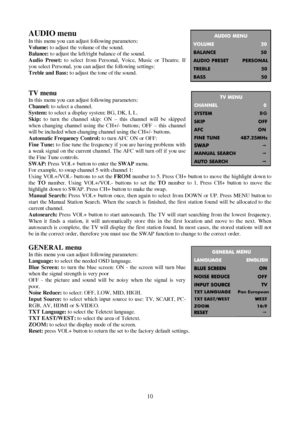 Page 1010 AUDIO menuIn this menu you can adjust following parameters:Volume:to adjust the volume of the sound.Balance:to adjust the left/right balance of the sound.Audio Preset:to select from Personal, Voice, Music or Theatre. Ifyou select Personal, you can adjust the following settings:Treble and Bass:to adjust the tone of the sound.
TV menuIn this menu you can adjust following parameters:Channel:to select a channel.S ys tem:to select a display system: BG, DK, I, L.Skip:to turn the channel skip: ON – this...