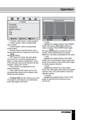 Page 1111
Operation
MOVEPROGRAM EDIT
Name
01
02
03
04
05
06
07
08
09
10 11
12
13
14
15
16
17
18
19
2021
22
23
24
25
26
27
28
29
30
Lock
Fav
Insert
EXIT
•  Name
Highlight the needed channel. Press GREEN 
button; then press 
/ buttons to 
select a symbol. Press GREEN button again; 
then press 
/ buttons to select the next 
symbol. Press GREEN button to confirm. 
Maximum 5 symbols are possible for the name. •  Lock
Highlight the needed channel. Press RED 
button; the current program will be locked and 
could not...