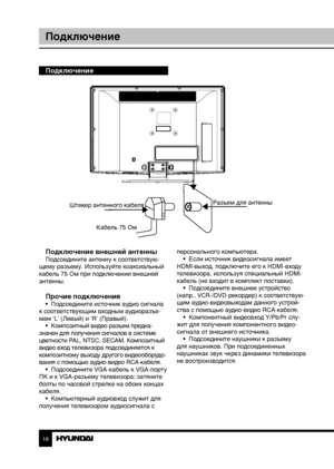 Page 181819
ПодключениеУправление устройством
Подключение
Подключение внешней антенны
Подсоедините антенну к соответствую-
щему разъему. Используйте коаксиальный 
кабель 75 Ом при подключении внешней 
антенны.
Прочие подключения•  Подсоедините источник аудио сигнала 
к соответствующим входным аудиоразъе-
мам ‘L’ (Левый) и ‘R’ (Правый). •  Композитный видео разъем предна -
значен для получения сигналов в системе 
цветности PAL, NTSC, SECAM. Композитный 
видео вход телевизора подсоединяется к 
композитному выходу...