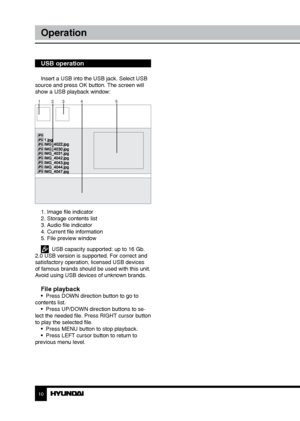 Page 1010
Operation
USB operation
Insert a USB into the USB jack. Select USB 
source and press OK button. The screen will 
show a USB playback window:
1 23 4 5
1. Image file indicator
2. Storage contents list
3. Audio file indicator
4. Current file information
5. File preview window
  USB capacity supported: up to 16 Gb. 
2.0 USB version is supported. For correct and 
satisfactory operation, licensed USB devices 
of famous brands should be used with this unit. 
Avoid using USB devices of unknown brands.
File...