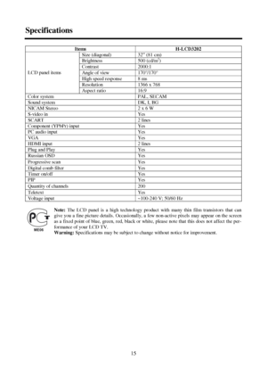 Page 1515 SpecificationsI temsH-LCD3202Size (diagonal)32” (81 cm)Brightness500 (cd/m2
)Contrast2000:1Angle of view170°/170°High speed response8 msResolution1366 x 768LCD panel items
Aspect ratio16:9Color systemPAL, SECAMSound systemDK, I, BGNICAM Stereo2 x 6 WS-video inYesSCART2 linesComponent (YPbPr) inputYesPC audio inputYesVGAYesHDMI input2 linesPlug and PlayYesRussian OSDYesProgressive scanYesDigital comb filterYesTimer on/offYesPIPYesQuantity of channels200TeletextYesVoltage input~100-240 V; 50/60...