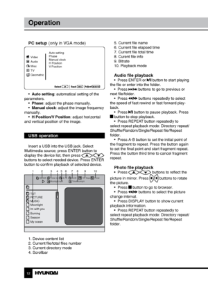 Page 121213
OperationGeneral information
PC setup (only in VGA mode)
Auto setting
Phase
Manual clock
H Position
V Position
Audio Video
Misc
TV
Geometric
•  Auto setting: automatical setting of the 
parameters.  •  Phase: adjust the phase manually. 
•  Manual clock: adjust the image frequency 
manually. •  H Position/V Position: adjust horizontal 
and vertical position of the image.
USB operation
Insert a USB into the USB jack. Select 
Multimedia source; press ENTER button to 
display the device list, then press...