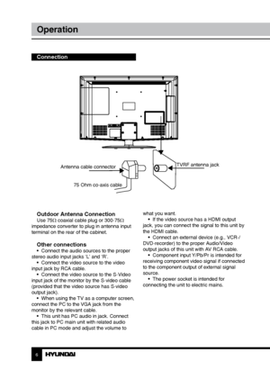 Page 66
Operation
Outdoor Antenna ConnectionUse 75Ω coaxial cable plug or 300-75Ω 
impedance converter to plug in antenna input 
terminal on the rear of the cabinet.
Other connections•  Connect the audio sources to the proper 
stereo audio input jacks ‘L’ and ‘R’. •  Connect the video source to the video 
input jack by RCA cable. •  Connect the video source to the S-Video 
input jack of the monitor by the S-video cable 
(provided that the video source has S-video 
output jack). •  When using the TV as a...