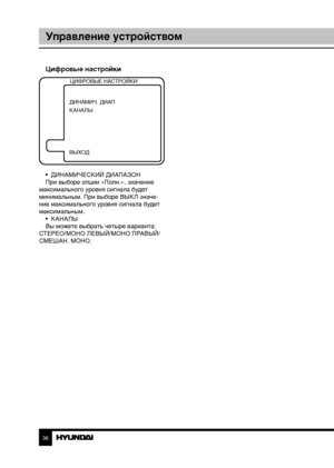 Page 363637
Управление устройствомОбщая информация
Цифровые настройки
ЦИФРОВЫЕ НАСТРОЙКИ
ДИНАМИЧ. ДИАП
КАНАЛЫ
ВЫХОД
•  ДИНАМИЧЕСКИЙ ДИАПАЗОН
При выборе опции «Полн.», значение 
максимального уровня сигнала будет 
минимальным. При выборе ВЫКЛ значе-
ние максимального уровня сигнала будет 
максимальным. •  КАНАЛЫ
Вы можете выбрать четыре варианта: 
СТЕРЕО/МОНО ЛЕВЫЙ/МОНО ПРАВЫЙ/
СМЕШАН. МОНО.
Downloaded From TV-Manual.com Manual” 