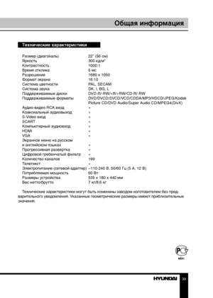 Page 393839
Общая информацияОбщая информация
Технические характеристики
Размер (диагональ)   22” (56 см)
Яркость      300 кд/м2
Контрастность     1000:1
Время отклика      5 мс
Разрешение      1680 x 1050
Формат экрана      16:10
Система цветности    PAL, SECAM
Система звука      DK, I, BG, L
Поддерживаемые диски    DVD-R/-RW/+R/+RW/CD-R/-RW
Поддерживаемые форматы  DVD/DVCD/SVCD/VCD/CDDA/MP3/HDCD/JPEG/Kodak 
        Picture CD/DVD Audio/Super Audio CD/MPEG4(DivX)
Аудио-видео RCA вход    +
Коаксиальный...