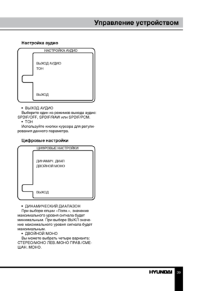 Page 393839
Управление устройствомУправление устройством
Настройка аудио
НАСТРОЙКА АУДИО
ВЫХОД АУДИО
ТОН
ВЫХОД
•  ВЫХОД АУДИО
Выберите один из режимов выхода аудио: 
SPDIF/OFF, SPDIF/RAW или SPDIF/PCM. •  ТОН
Используйте кнопки курсора для регули-
рования данного параметра.
Цифровые настройки
ЦИФРОВЫЕ НАСТРОЙКИ
ДИНАМИЧ. ДИАП
ДВОЙНОЙ МОНО
ВЫХОД
•  ДИНАМИЧЕСКИЙ ДИАПАЗОН
При выборе опции «Полн.», значение 
максимального уровня сигнала будет 
минимальным. При выборе ВЫКЛ значе-
ние максимального уровня сигнала...