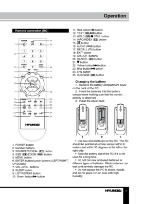 Page 77
Operation
Remote controller (RC)
1
2
3
4
5
6
7
9 8
11
  10
12
13 14
15
16
17
18
19
21 20
22
23
24
25
1. POWER button
2. Number buttons
3. SOURCE/REVEAL (
) button
4. SIZE ()/ZOOM () button
5. MENU button
6. ENTER button/cursor buttons (LEFT/RIGHT/
UP/DOWN)
7. VOL+/VOL- buttons
8. SLEEP button
9. LIST/REPEAT button
10. Green button/
 button 11. Red button/
 button
12. TEXT ()/ button
13. HOLD ()/ STILL button
14. INFO/INDEX () button
15. 
 button
16. AUDIO () button
17. RECALL () button
18. EXIT button...