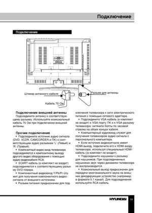 Page 191819
УстановкаПодключение
Подключение
Подключение внешней антенны
Подсоедините антенну к соответствую-
щему разъему. Используйте коаксиальный 
кабель 75 Ом при подключении внешней 
антенны.
Прочие подключения•  Подсоедините источник аудио сигнала 
(DVD, VCDR, CAMCORDER и ПК) к соот-
ветствующим аудио разъемам ‘L’ (Левый) и 
‘R’ (Правый). •  Композитный видео вход телевизора 
подсоединяется к композитному выходу 
другого видео оборудования с помощью 
аудио-видеокабеля RCA. •  SCART кабель (в комплект не...