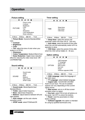 Page 1010
Operation
Picture setting
PICTURE
Picture mode
Contrast
Brightness
Color
Tint
Sharpness
Color temperature
Noise reduction
Move Menu OKExit
•  Picture Mode: Dynamic/Standard/Mild/
User. •  Contrast
•  Brightness
•  Color
•  Tint: adjust the tone of color when your 
system is in NTSC. •  Sharpness
•  Colour Temperature: Medium/Warm/Cool.
•  Noise Reduction: Digital noise reduction 
effect for reducing the video noise level: Off/
Low/Middle/High.
Sound setting
SOUND
Sound mode
Treble
Bass
Balance
Auto...