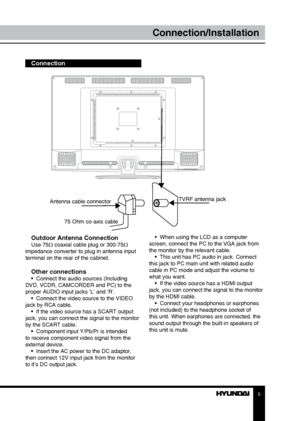 Page 55
Сonnection/Installation
Outdoor Antenna ConnectionUse 75Ω coaxial cable plug or 300-75Ω 
impedance converter to plug in antenna input 
terminal on the rear of the cabinet.
Other connections•  Connect the audio sources (Including 
DVD, VCDR, CAMCORDER and PC) to the 
proper AUDIO input jacks ‘L’ and ‘R’. •  Connect the video source to the VIDEO 
jack by RCA cable. •  If the video source has a SCART output 
jack, you can connect the signal to the monitor 
by the SCART cable. •  Component input Y/Pb/Pr is...