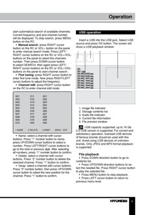 Page 989
OperationOperation
start automatical search of available channels. 
Current frequency and and channel number 
will be displayed. To stop search, press MENU 
button on the RC.
•  Manual search: press RIGHT cursor 
button on the RC or VOL+ button on the panel 
to enter manual search mode. Press LEFT/
RIGHT cursor buttons on the RC or VOL+/VOL- 
buttons on the panel to select the channels 
number. Then press DOWN cursor button 
to select SEARCH, then again press LEFT/
RIGHT cursor buttons on the RC or...