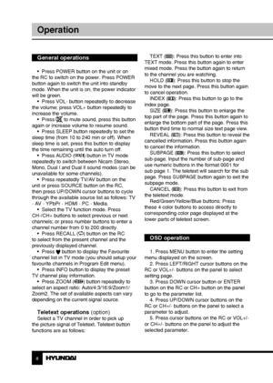 Page 889
OperationOperation
General operations
•  Press POWER button on the unit or on 
the RC to switch on the power. Press POWER 
button again to switch the unit into standby 
mode. When the unit is on, the power indicator 
will be green. •  Press VOL- button repeatedly to decrease 
the volume; press VOL+ button repeatedly to 
increase the volume.
•  Press 
 to mute sound, press this button 
again or increase volume to resume sound. •  Press SLEEP button repeatedly to set the 
sleep time (from 10 to 240 min...