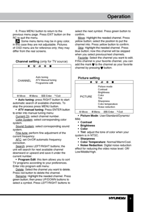 Page 989
OperationOperation
6. Press MENU button to return to the 
previous menu page. Press EXIT button on the 
RC to quit the menu.
  Some menu items may be in grey color, 
in this case they are not adjustable. Pictures 
of OSD menu are for reference only; they may 
differ from the real screens.
Channel setting (only for TV source)
CHANNEL
Auto tuning
ATV Manual tuning
Programme edit
Move Menu EnterExit
•  Auto tuning: press RIGHT button to start 
automatic search of available channels. To 
stop the process...