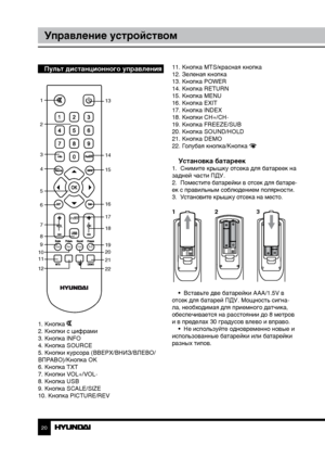 Page 202021
Управление устройствомУправление устройством
Пульт дистанционного управления
   
1
2
3
4
5
6
7
8
9
10
11
12 13
14
15
16
17
18
19
20
21
22
Index
Size
Rev.Hold. Sub
1. Кнопка 2. Кнопки с цифрами
3. Кнопка INFO
4. Кнопка SOURCE
5. Кнопки курсора (ВВЕРХ/ВНИЗ/ВЛЕВО/
ВПРАВО)/Кнопка OK
6. Кнопка TXT
7. Кнопки VOL+/VOL-
8. Кнопка USB
9. Кнопка SCALE/SIZE
10. Кнопка PICTURE/REV
1 23
11. Кнопка MTS/красная кнопка
12. Зеленая кнопка
13. Кнопка POWER
14. Кнопка RETURN
15. Кнопка MENU
16. Кнопка EXIT
17. Кнопка...