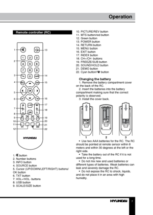 Page 77
Operation
Remote controller (RC)
1
2
3
4
5
6
7
8
9
10
11
12 13
14
15
16
17
18
19
20
21
22
Index
Size
Rev.Hold. Sub
1.  button
2. Number buttons
3. INFO button
4. SOURCE button
5. Cursor (UP/DOWN/LEFT/RIGHT) buttons/
OK button
6. TXT button
7. VOL+/VOL- buttons
8. USB button
9. SCALE/SIZE button 10. PICTURE/REV button 
11. MTS button/red button
12. Green button
13. POWER button
14. RETURN button
15. MENU button
16. EXIT button
17. INDEX button
18. CH+/CH- buttons
19. FREEZE/SUB button
20. SOUND/HOLD...