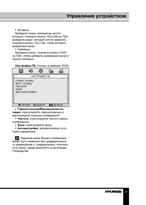 Page 272627
Управление устройствомУправление устройством
•  Вставить
Выберите канал, который вы хотите 
вставить. Нажмите кнопку YELLOW на ПДУ; 
выберите канал, который хотите заменить. 
Нажмите кнопку YELLOW, чтобы вставить 
выбранный канал. •  Любимые
Выберите канал. Нажмите кнопку CYAN 
на ПДУ, чтобы добавить выбранный канал в 
список любимых.
Настройка ПК  (только в режиме VGA)
НАСТРОЙКА ПК
ПЕРЕМ. ВЫБОР ВЫХОД
ГОРИЗ. ПОЗИЦ.
ВЕРТ. ПОЗИЦ.
ЧАСТОТА
ФАЗА
АВТОНАСТРОЙКА
•  Горизонтальная/Вертикальная по-
зиция:...