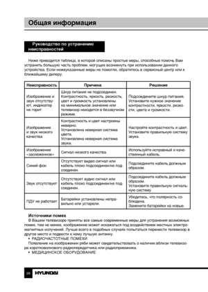 Page 282829
Общая информацияОбщая ниформация
Руководство по устранению 
неисправностей
Ниже приводится таблица, в которой описаны простые меры, способные помочь Вам 
устранить большую часть проблем, могущих возникнуть при использовании данного 
устройства. Если нижеуказанные меры не помогли, обратитесь в сервисный центр или к 
ближайшему дилеру.
Неисправность Причина Решение
Изображение и 
звук отсутству-
ют, индикатор 
не горитШнур питания не подсоединен.
Контрастность, яркость, резкость, 
цвет и громкость...