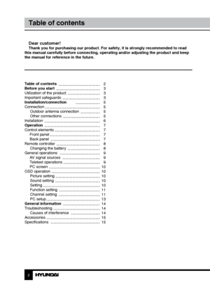 Page 223
Table of contentsBefore you start
Dear customer!Thank you for purchasing our product. For safety, it is strongly recommended to read 
this manual carefully before connecting, operating and/or adjusting the product and keep 
the manual for reference in the future.
Table of contents 
Before you start 
Utilization of the product 
Important safeguards
Installation/connection
Connection Outdoor antenna connection
Other connections
Installation
Operation
Control elements  Front panel
 Back panel
Remote...