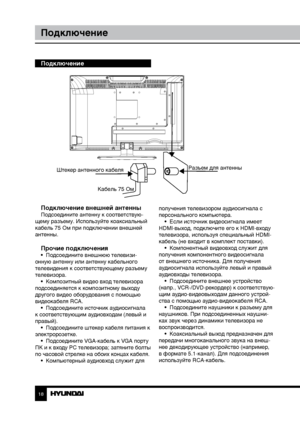 Page 181819
ПодключениеУправление устройством
Подключение
Подключение внешней антенны
Подсоедините антенну к соответствую-
щему разъему. Используйте коаксиальный 
кабель 75 Ом при подключении внешней 
антенны.
Прочие подключения•  Подсоедините внешнюю телевизи-
онную антенну или антенну кабельного 
телевидения к соответствующему разъему 
телевизора. •  Композитный видео вход телевизора 
подсоединяется к композитному выходу 
другого видео оборудования с помощью 
видеокабеля RCA. •  Подсоедините источник...