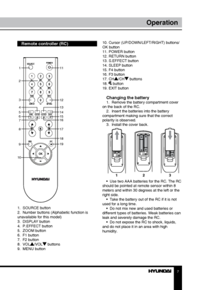 Page 77
Operation
Remote controller (RC)
1
2
3
4
5
6
7
8
9
10 11
12
13
14
15
16
17
18
19
1.  SOURCE button
2.  Number buttons (Alphabetic function is 
unavailable for this model)
3.  DISPLAY button
4.  P.EFFECT button
5.  ZOOM button
6.  F1 button
7.  F2 button
8.  VOL
/VOL buttons
9.  MENU button 10. Cursor (UP/DOWN/LEFT/RIGHT) buttons/
OK button 
11. POWER button
12. RETURN button
13. S.EFFECT button
14. SLEEP button
15. F4 button
16. F3 button
17. CH
/CH buttons
18.  button
19. EXIT button
Changing the...