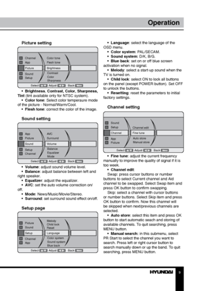 Page 989
OperationOperation
Picture setting
PictureBrightness
Select Adjust Back
App
Flesh tone
Channel
Color tone
Sound Contrast
Setup Color
Sharpness
•  
Brightness,  Contrast, Color, Sharpness, 
Tint (tint available only for NTSC system). •  Color tone: Select color temperaure mode 
of the picture - Normal/Warm/Cool. •  Flesh tone: correct the color of the image.
Sound setting
Sound Volume
Select Adjust Back
Picture
Surround
App
AVC
Setup Balance
Channel Equalizer
Mode
•  Volume: adjust sound volume level....