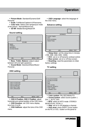 Page 989
OperationOperation
•  Picture Mode: Standard/Dynamic/Soft/
Personal. •  Scale: Full/Movie/Caption/4:3/Panorama.
•  Color tone: Select color temperaure mode 
of the picture - Normal/Warm/Cool. •  3D NR: Middle/Strong/Weak/Off.
Sound setting
SOUND
BASS
TREBLE
BALANCE
SOUND MODE
      SEL              ADJ    MENU : EXIT
•  Bass, Treble, Balance (adjust output 
between left and right speakers). •  Sound Mode: Standrard/News/Music/
Personal.
OSD setting
OSD
      SEL              ADJ    MENU : EXIT
OSD-H...