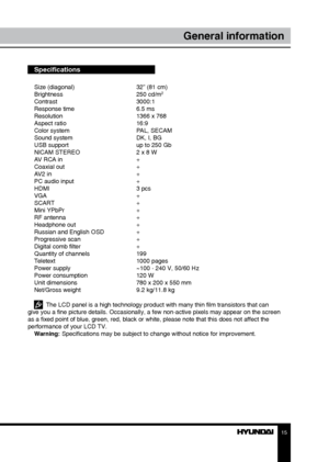 Page 1515
General information
Specifications
Size (diagonal)     32” (81 cm)
Brightness      250 cd/m2
Contrast     3000:1
Response time      6.5 ms
Resolution      1366 x 768
Aspect ratio      16:9
Color system      PAL, SECAM
Sound system      DK, I, BG
USB support      up to 250 Gb
NICAM STEREO      2 x 8 W
AV RCA in      +
Coaxial out      +
AV2 in        +
PC audio input       +
HDMI        3 pcs
VGA        +
SCART       +
Mini YPbPr      +
RF antenna      +
Headphone out      +
Russian and English OSD...