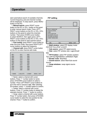 Page 1010
Operation
start automatical search of available channels. 
Current frequency and and channel number 
will be displayed. To stop search, press MENU 
button on the RC.•  Manual search: press RIGHT cursor 
button on the RC or VOL+ button on the panel 
to enter manual search mode. Press LEFT/
RIGHT cursor buttons on the RC or VOL+/VOL- 
buttons on the panel to select the channels 
number. Then press DOWN cursor button 
to select SEARCH, then again press LEFT/
RIGHT cursor buttons on the RC or VOL+/VOL-...