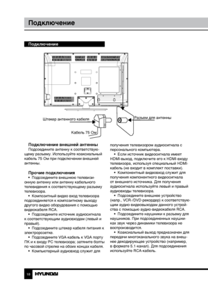 Page 181819
ПодключениеУправление устройством
Подключение
Подключение внешней антенны
Подсоедините антенну к соответствую-
щему разъему. Используйте коаксиальный 
кабель 75 Ом при подключении внешней 
антенны.
Прочие подключения•  Подсоедините внешнюю телевизи-
онную антенну или антенну кабельного 
телевидения к соответствующему разъему 
телевизора. •  Композитный видео вход телевизора 
подсоединяется к композитному выходу 
другого видео оборудования с помощью 
видеокабеля RCA. •  Подсоедините источник...