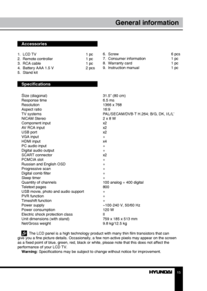 Page 1515
General information
Accessories
1.  LCD TV     1 pc
2.  Remote controller    1 pc 
3.  RCA cable      1 pc
4.  Battery AAA 1.5 V    2 pcs
5.  Stand kit
Specifications
S
ize (diagonal)        31.5” (80 cm)
Response time        6.5 ms
Resolution        1366 x 768
Aspect ratio        16:9
TV systems        PAL/SECAM/DVB-T H.264; B/G, DK, I/L/L’
NICAM Stereo        2 x 8 W
Component input       x2
AV RCA input        x2
USB port         x2
VGA input        +
HDMI input        x4
PC audio input        +...