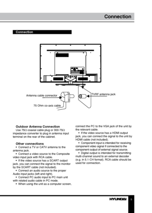 Page 55
Сonnection
Outdoor Antenna ConnectionUse 75Ω coaxial cable plug or 300-75Ω 
impedance converter to plug in antenna input 
terminal on the rear of the cabinet.
Other connections•  Connect a TV or CATV antenna to the 
antenna jack. •  Connect a video source to the Composite 
video input jack with RCA cable. •  If the video source has a SCART output 
jack, you can connect the signal to the monitor 
by the SCART cable (not included). •  Connect an audio source to the proper 
Audio input jacks (left and...