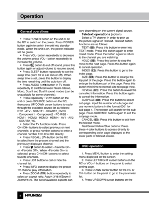 Page 889
OperationOperation
General operations
•  Press POWER button on the unit or on 
the RC to switch on the power. Press POWER 
button again to switch the unit into standby 
mode. When the unit is on, the power indicator 
will be green. •  Press VOL- button repeatedly to decrease 
the volume; press VOL+ button repeatedly to 
increase the volume.
•  Press 
 button to cut off sound, press this 
button again or adjust volume to resume sound. •  Press SLEEP button repeatedly to set the 
sleep time (from 10 to...