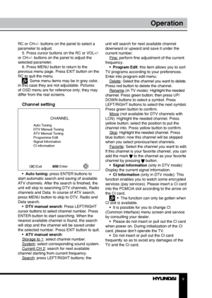 Page 989
OperationOperation
RC or CH+/- buttons on the panel to select a 
parameter to adjust.
5. Press cursor buttons on the RC or VOL+/- 
or CH+/- buttons on the panel to adjust the 
selected parameter. 6. Press MENU button to return to the 
previous menu page. Press EXIT button on the 
RC to quit the menu.
  Some menu items may be in grey color, 
in this case they are not adjustable. Pictures 
of OSD menu are for reference only; they may 
differ from the real screens.
Channel setting
CHANNEL
Auto Tuning
DTV...