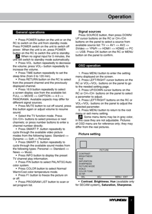 Page 77
Operation
General operations
•  Press POWER button on the unit or on the 
RC to switch on the unit from standby mode. 
Press POWER switch on the unit to switch off 
power. When the unit is on, press POWER 
button on the RC to switch the unit to standby.
  When no signal input for 5 minutes, the 
unit will switch to standby mode automatically. •  Press VOL- button repeatedly to decrease 
the volume; press VOL+ button repeatedly to 
increase the volume. •  Press TIME button repeatedly to set the 
sleep...