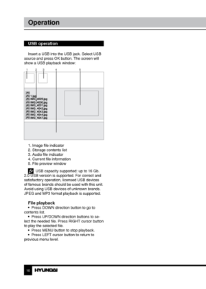 Page 1010
Operation
USB operation
Insert a USB into the USB jack. Select USB 
source and press OK button. The screen will 
show a USB playback window:
1 23 4 5
1. Image file indicator
2. Storage contents list
3. Audio file indicator
4. Current file information
5. File preview window
  USB capacity supported: up to 16 Gb. 
2.0 USB version is supported. For correct and 
satisfactory operation, licensed USB devices 
of famous brands should be used with this unit. 
Avoid using USB devices of unknown brands. 
JPEG...