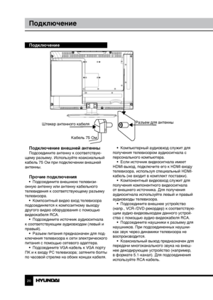 Page 202021
ПодключениеУправление устройством
Подключение
Подключение внешней антенны
Подсоедините антенну к соответствую-
щему разъему. Используйте коаксиальный 
кабель 75 Ом при подключении внешней 
антенны.
Прочие подключения•  Подсоедините внешнюю телевизи-
онную антенну или антенну кабельного 
телевидения к соответствующему разъему 
телевизора. •  Композитный видео вход телевизора 
подсоединяется к композитному выходу 
другого видео оборудования с помощью 
видеокабеля RCA. •  Подсоедините источник...