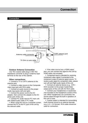 Page 55
Connection
Connection
Outdoor Antenna Connection
Use 75Ω coaxial cable plug or 300-75Ω 
impedance converter to plug in antenna input 
terminal on the rear of the cabinet.
Other connections•  Connect a TV or CATV antenna to the 
antenna jack. •  Connect a video source to the Composite 
video input jack with RCA cable. •  Connect an audio source to the proper 
Audio input jacks (left and right).
•  Connect the power cord to the DC 
adaptor, then connect the adapter to the DC 
power jack of this unit. •...