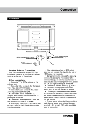 Page 55
Connection
Connection
Outdoor Antenna Connection
Use 75Ω coaxial cable plug or 300-75Ω 
impedance converter to plug in antenna input 
terminal on the rear of the cabinet.
Other connections•  Connect a TV or CATV antenna to the 
antenna jack. •  Connect a video source to the Composite 
video input jack with RCA cable. •  Connect an audio source to the proper 
Audio input jacks (left and right).
•  Connect the power cord to the DC 
adaptor, then connect the adapter to the DC 
power jack of this unit. •...