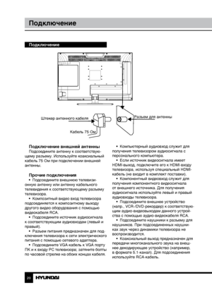 Page 202021
ПодключениеУправление устройством
Подключение
Подключение внешней антенны
Подсоедините антенну к соответствую-
щему разъему. Используйте коаксиальный 
кабель 75 Ом при подключении внешней 
антенны.
Прочие подключения•  Подсоедините внешнюю телевизи-
онную антенну или антенну кабельного 
телевидения к соответствующему разъему 
телевизора. •  Композитный видео вход телевизора 
подсоединяется к композитному выходу 
другого видео оборудования с помощью 
видеокабеля RCA. •  Подсоедините источник...