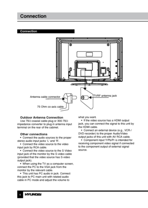 Page 66
Connection
Outdoor Antenna ConnectionUse 75Ω coaxial cable plug or 300-75Ω 
impedance converter to plug in antenna input 
terminal on the rear of the cabinet.
Other connections•  Connect the audio sources to the proper 
stereo audio input jacks ‘L’ and ‘R’. •  Connect the video source to the video 
input jack by RCA cable. •  Connect the video source to the S-Video 
input jack of the monitor by the S-video cable 
(provided that the video source has S-video 
output jack). •  When using the TV as a...