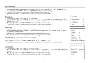 Page 99System setup1.  Press the MENU button repeatedly to select the desired menu: PICTURE, SOUND, FEATURES, TIMER, INSTALL.
2.  In each menu press the PROG+/- buttons or GREEN/BLUE buttons to select the setting.
3.  Press the VOL+/- buttons or RED/YELLOW buttons to adjust the setting selected.
4.  Press the MENU button to confirm the setting and return to the previous menu window.
Picture menu1.  Press the MENU button once to select the PICTURE menu.
2.  Press the PROG+/- buttons or GREEN/BLUE buttons to...