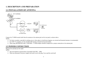 Page 55 1. DESCRIPTION AND PREPARATION
1.1 INSTALLATION OF ANTENNAConnect the 75 OHM coaxial cable from the antenna to the antenna jack on the rear panel, as shown above.
NOTE:
·For better reception, especially in outlying area or where ghost or interference happens, an external roof-mounted antenna is recommended.
·For UHF TV reception, use the specified UHF antenna. Consult the local sale dealer.
·When using 300 OHM flat cable, a 300 OHM - 75 OHM adapter should be adopted for a proper connection to the...