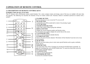 Page 99 2 OPERATION OF REMOTE CONTROL2.1 DESCRIPTION OF REMOTE CONTROL KEYS
INTRODUCTION OF KEY FUNCTION
This TV features with a full-function remote control handset. For a more compact remote unit design, some of the keys are multiple with more than
one function. The following text describes the function of keys on remote control unit. Functions related to notebook operated are marked with a
symbo l*.
1. STANDBY BUTTON
When the main power is on, to turn the TV set on or off.
2. MUTE BUTTON
To temporarily turn...