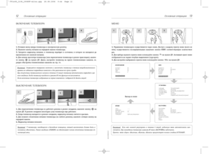 Page 6ИЗОБРАЖЕНИЕ
Контраст 50
Яркость 50
Цвет 50
Четкость 0ЗВУК
Громкость 33
АРУ звука вкл/выкл
Высокие 50
Низкие 50
Баланс 0
МЕНЮ 
1.Управление телевизором осуществляется через меню. Доступ к каждому пункту меню (всего их
пять) осуществляется последовательным нажатием кнопки MENU соответствующим количеством
раз.
2.Для выбора нужного пункта меню используйте кнопки Р+ 
на пульте ДУ. Активный пункт меню
отображается на экране голубым выделением (курсором). 
3.Для настройки выбранного пункта меню используйте...