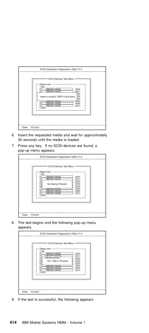 Page 426@@@@
@
SCSI Subsystem Diagnostics Utility V1.0
Enter     F3=Exit
SCSI Devices Test Menu
(ID0)
(ID1)
(ID2)
(ID3)
(ID4)
(ID5)
(ID6)
(ID7)
Select one
1.All
2.       (device name)
3.       (device name)
4.   N    (device name)
5.       (device name)
6.       (device name)
7.       (device name)
8.       (device name)
9.       (device name)
0.Exit 
Insert a scratch TAPE in the drive.
öK É•¢…™£@ £ˆ…@ ™…˜¤…¢£…„@    †–™@ 
óð@ ¢…ƒ–•„¢@ ¤•£‰“@ £ˆ…@  ‰¢@ 
÷K ×™…¢¢@  ’…¨K É†@ •–@ âÃâÉ@ „…¥‰ƒ…¢@  †–¤•„k@ 
—–—`¤—@...