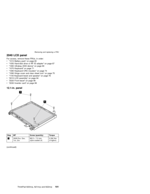 Page 1072040 LCD panel
For access, remove these FRUs, in order:
v“1010 Battery pack”on page 60
v“1050 Hard-disk drive or RF ID adapter”on page 67
v“1060 Ultrabay 2000 device”on page 69
v“1070 Keyboard”on page 71
v“1080 Keyboard CRU insulator”on page 74
v“1090 Hinge cover and clear sheet icon”on page 75
v“1100 Keyboard bezel and speaker”on page 76
v“2010 LCD assembly”on page 94
v“2020 Front bezel”on page 96
v“2030 Inverter card”on page 99
12.1-in. panel
Step MT Screw (quantity) Torque
12628-Dxx, Qxx,
1xx,...