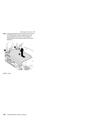 Page 112Note:Following illustration shows the PCI cover removal
of ThinkPad Dock (FRU no. 08N1546.) Do the
same procedure for the PCI cover removal of
ThinkPad Dock with extension plate (FRU part no.
08N1537.)
1
2
1
(Bottom view)
Removing and replacing a FRU
106ThinkPad A20m/p, A21m/p, A22m/p 